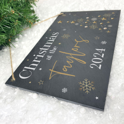 Personalised Festive Gold Slate Hanging Sign 25 x 15cm