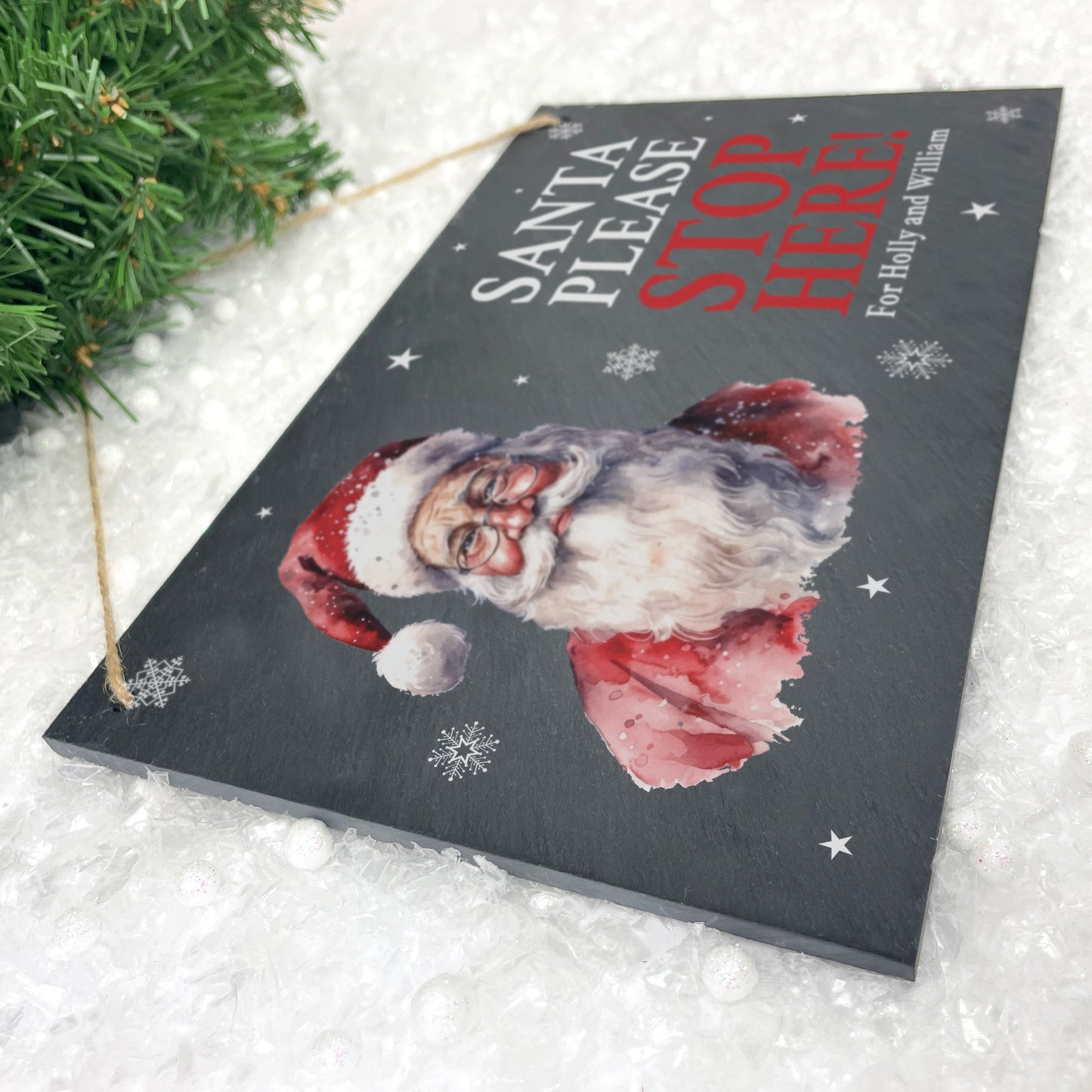 Personalised Traditional Santa Stop Here Slate Hanging Sign 25 x 15cm