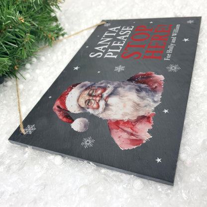 Personalised Traditional Santa Stop Here Slate Hanging Sign 25 x 15cm