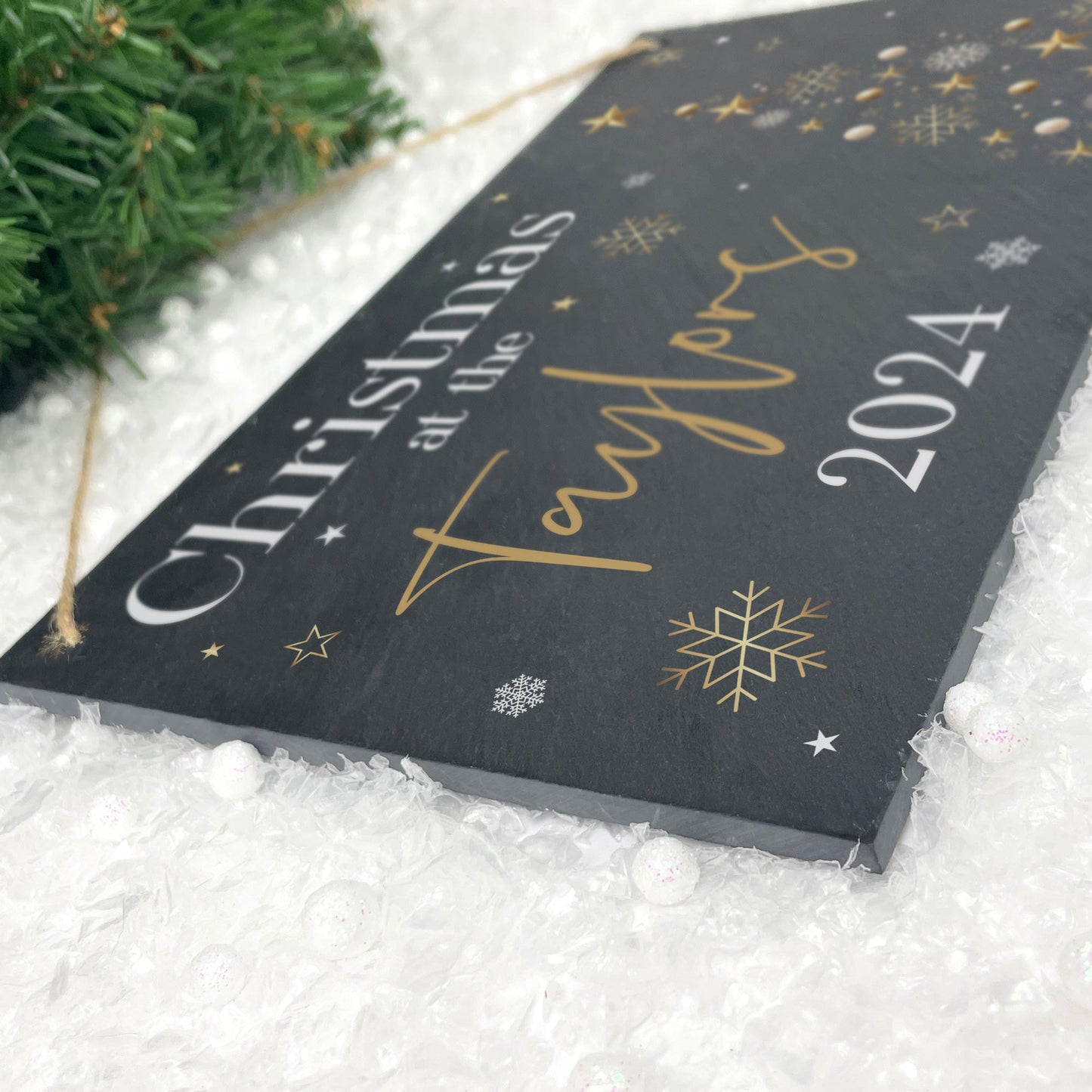 Personalised Festive Gold Slate Hanging Sign 25 x 15cm