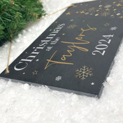 Personalised Festive Gold Slate Hanging Sign 25 x 15cm