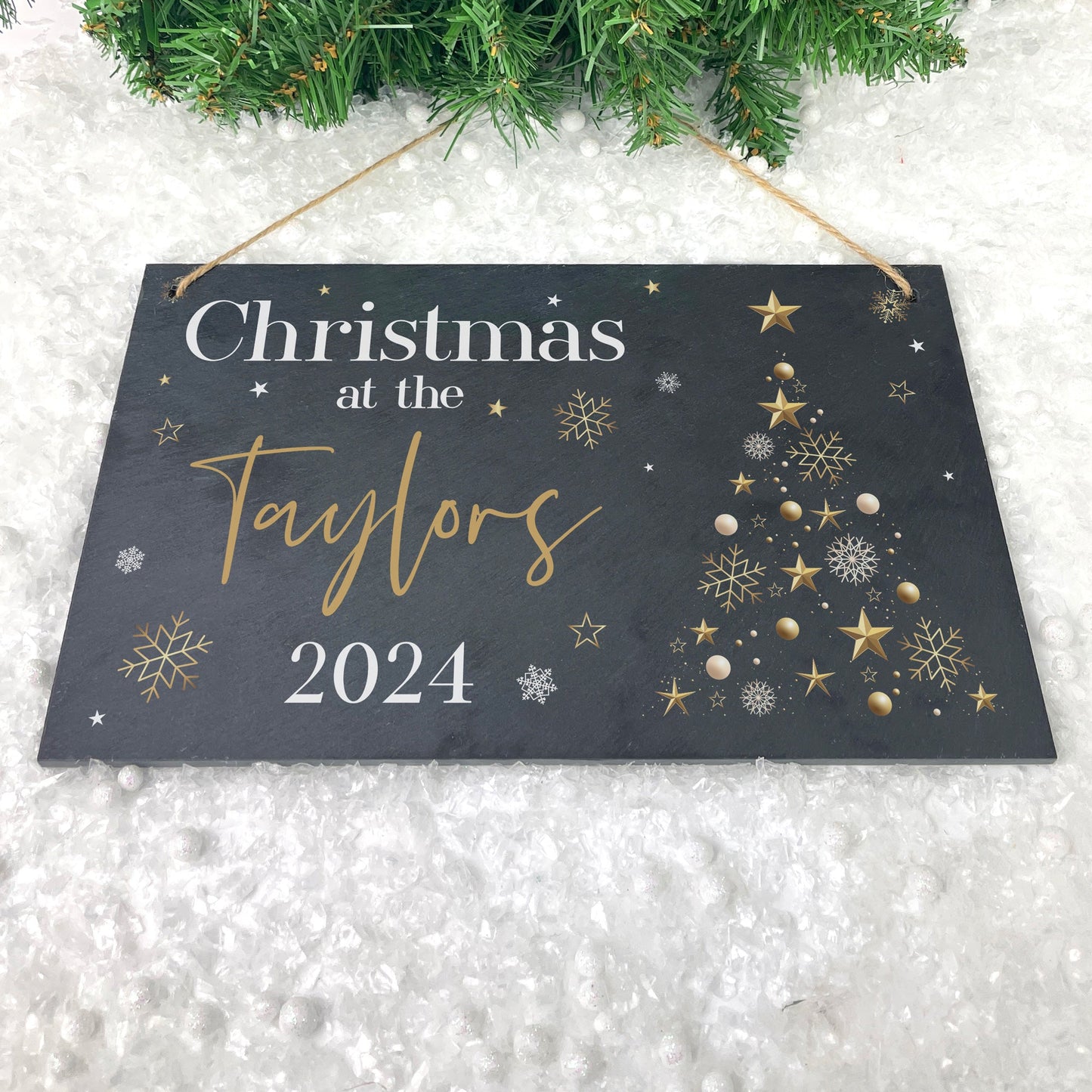Personalised Festive Gold Slate Hanging Sign 25 x 15cm
