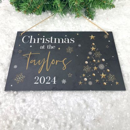 Personalised Festive Gold Slate Hanging Sign 25 x 15cm