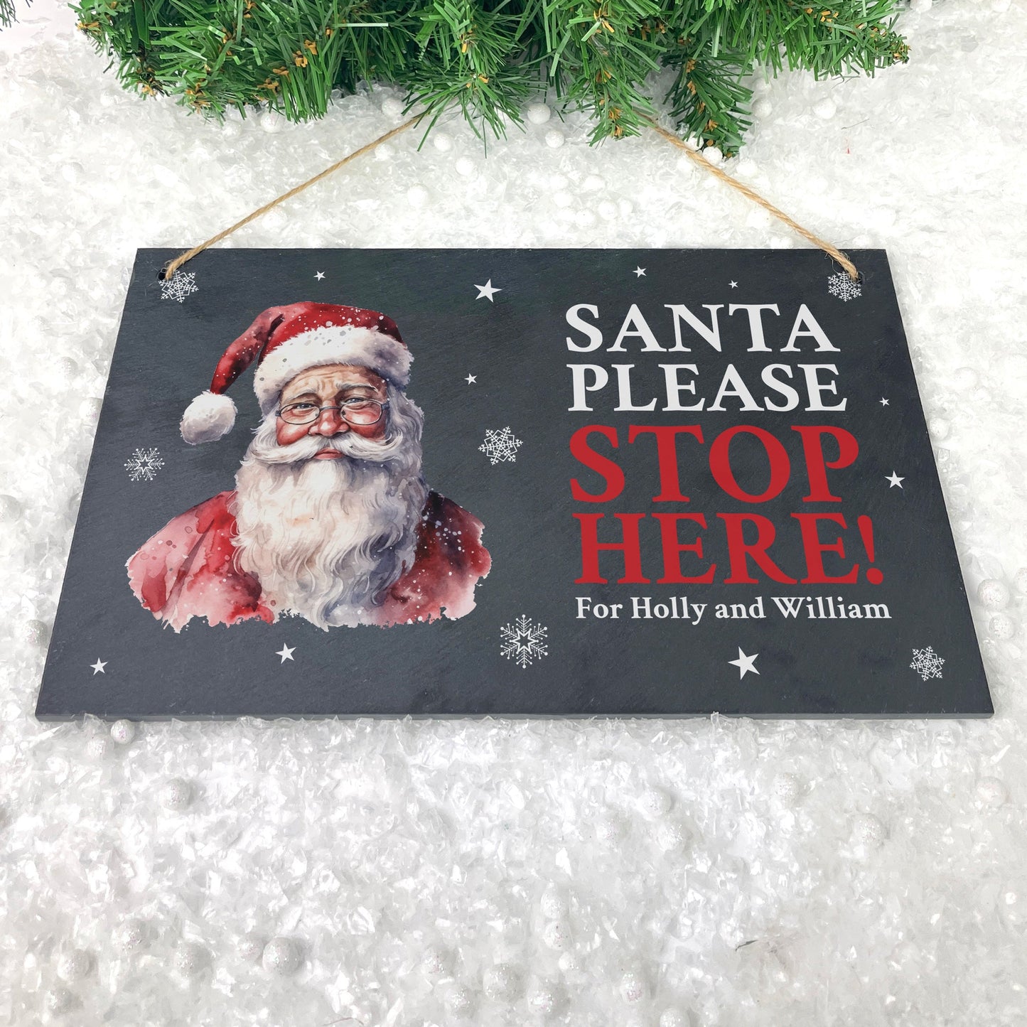 Personalised Traditional Santa Stop Here Slate Hanging Sign 25 x 15cm