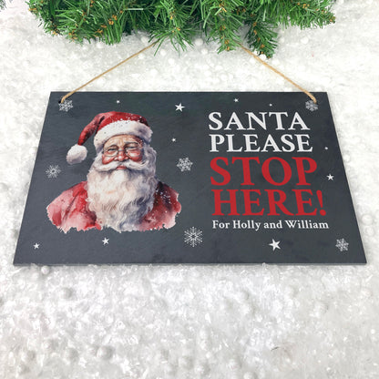 Personalised Traditional Santa Stop Here Slate Hanging Sign 25 x 15cm