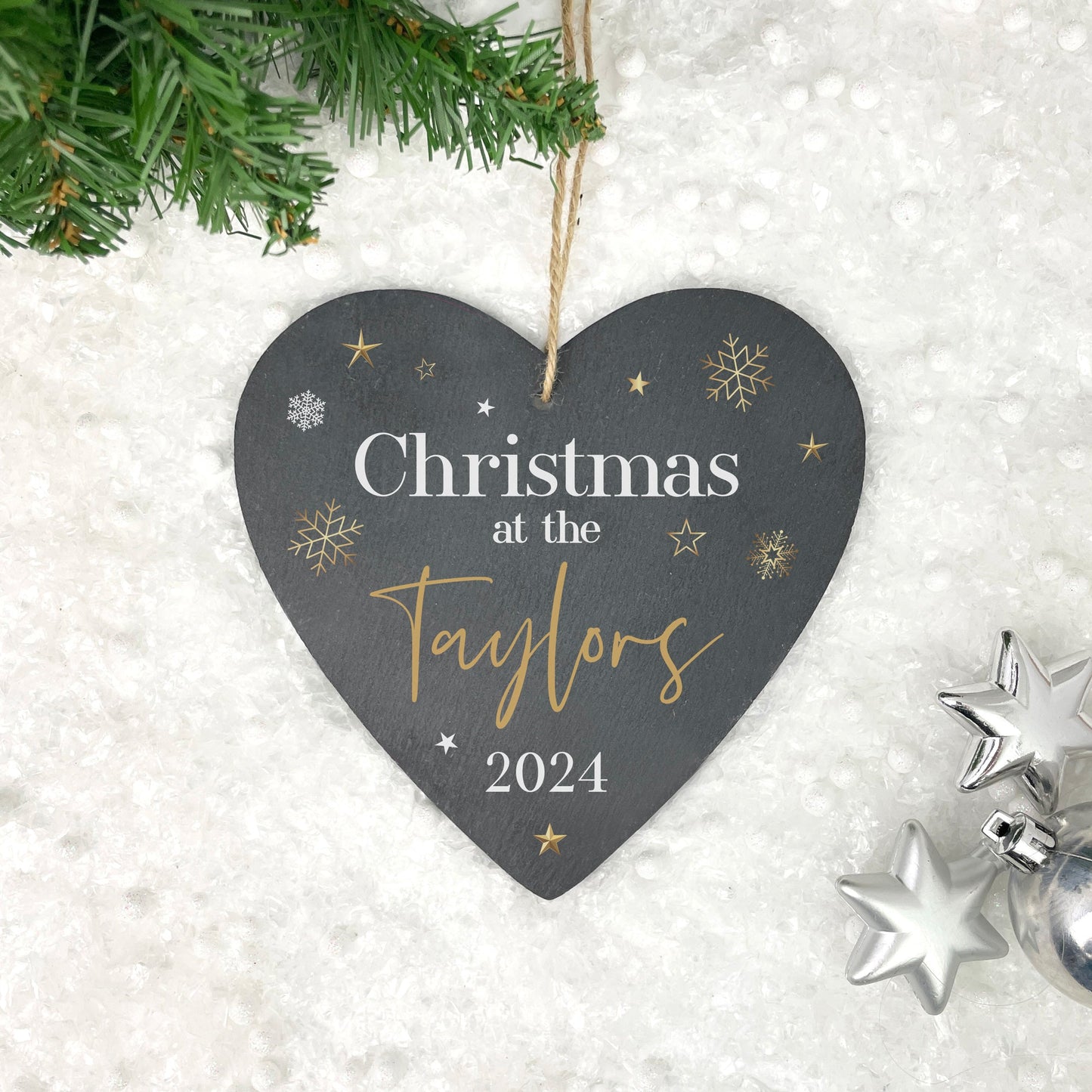 Personalised Festive Gold Slate Hanging Heart Decoration 15 x 16cm