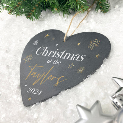 Personalised Festive Gold Slate Hanging Heart Decoration 15 x 16cm