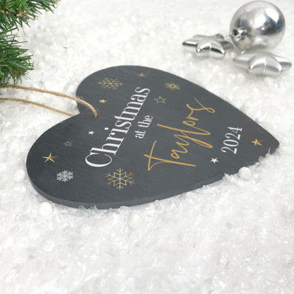 Personalised Festive Gold Slate Hanging Heart Decoration 15 x 16cm