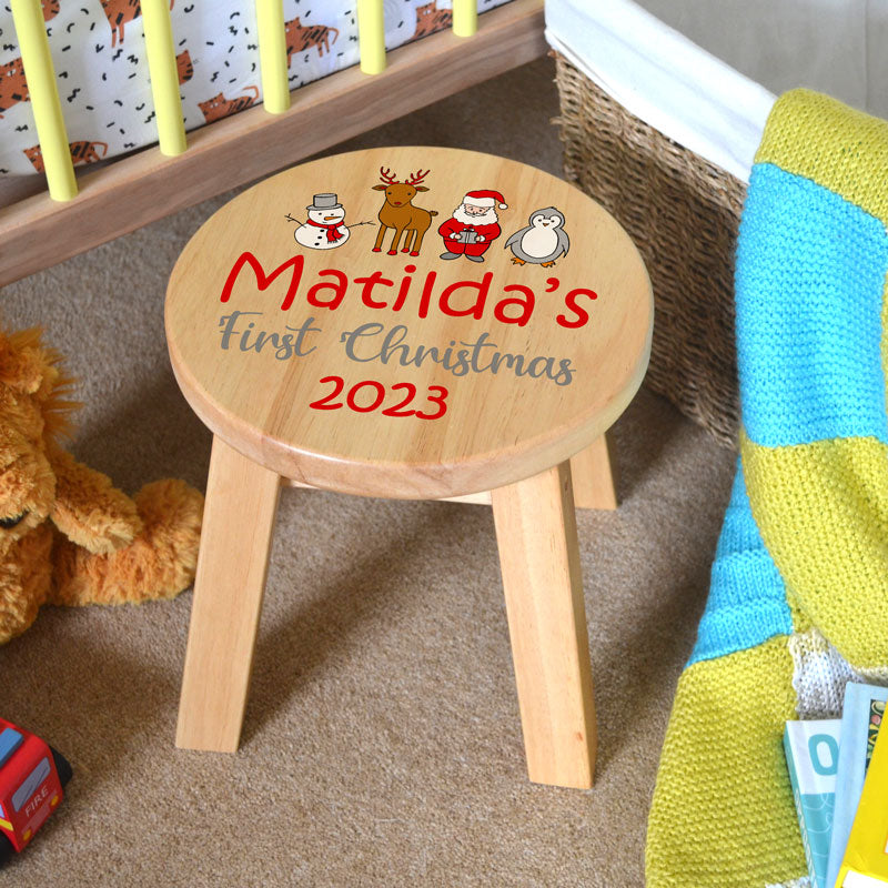 Personalised First Christmas Wooden Stool with Santa Snowman Penguin and Reindeer