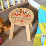 Personalised First Christmas Wooden Stool with Santa Snowman Penguin and Reindeer