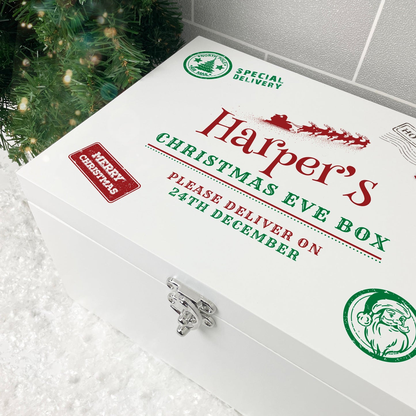 Personalised White Wooden North Pole Postal Stamp Christmas Eve Box - 3 Sizes