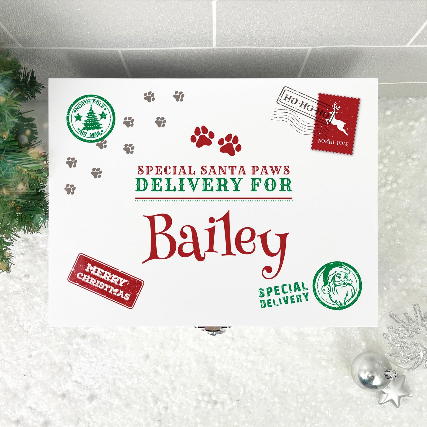 Personalised White Wooden North Pole Stamp Pet Christmas Eve Box - 3 Sizes
