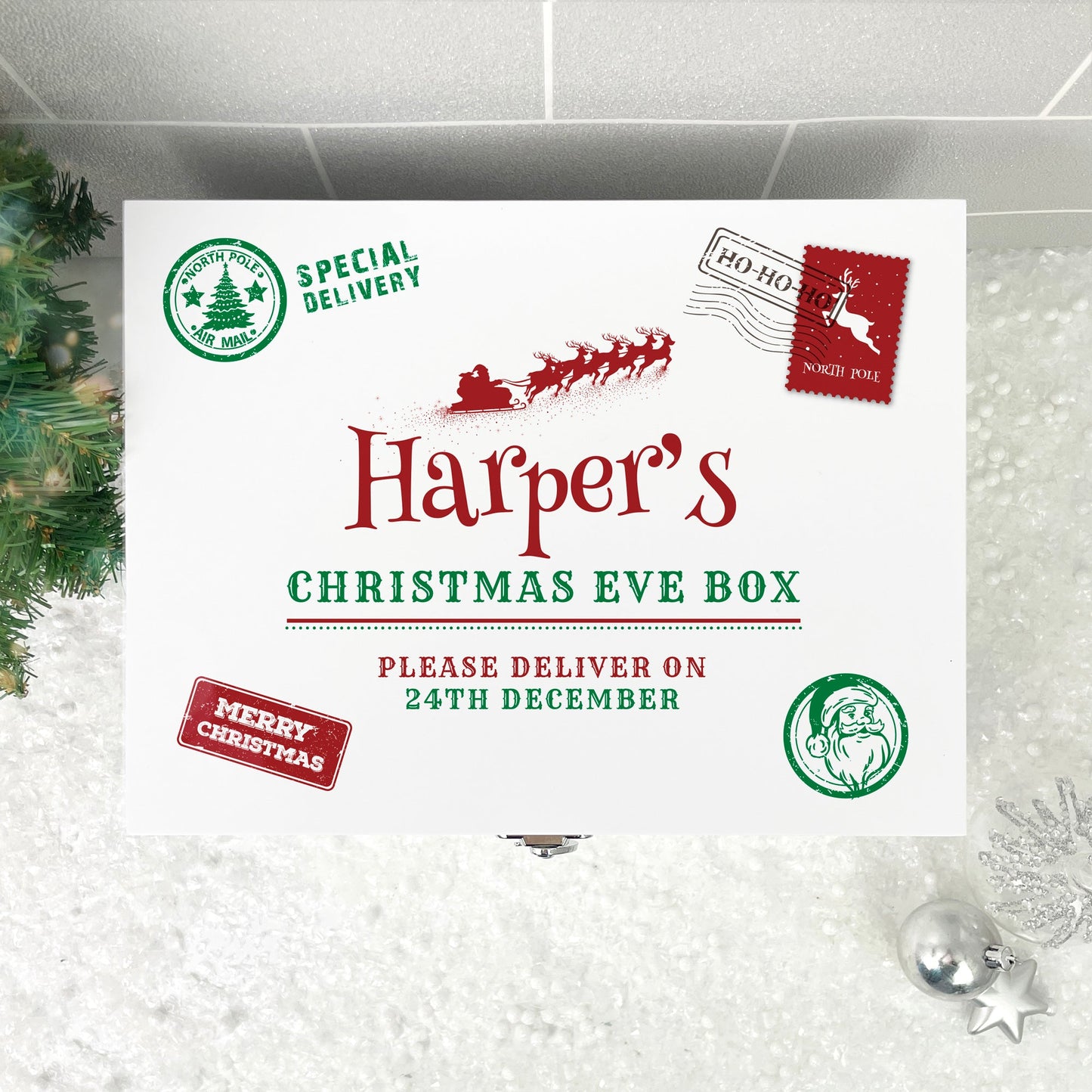Personalised White Wooden North Pole Postal Stamp Christmas Eve Box - 3 Sizes