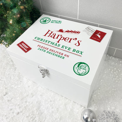 Personalised White Wooden North Pole Postal Stamp Christmas Eve Box - 3 Sizes