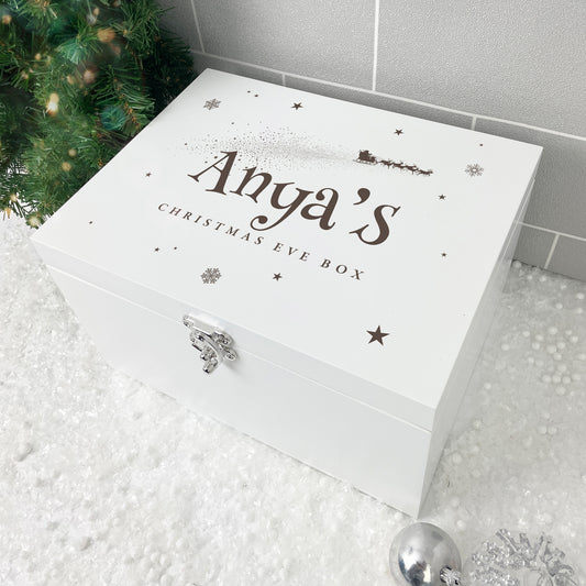Personalised White Wooden Santa Sleigh Engraved Christmas Eve Box - 3 Sizes