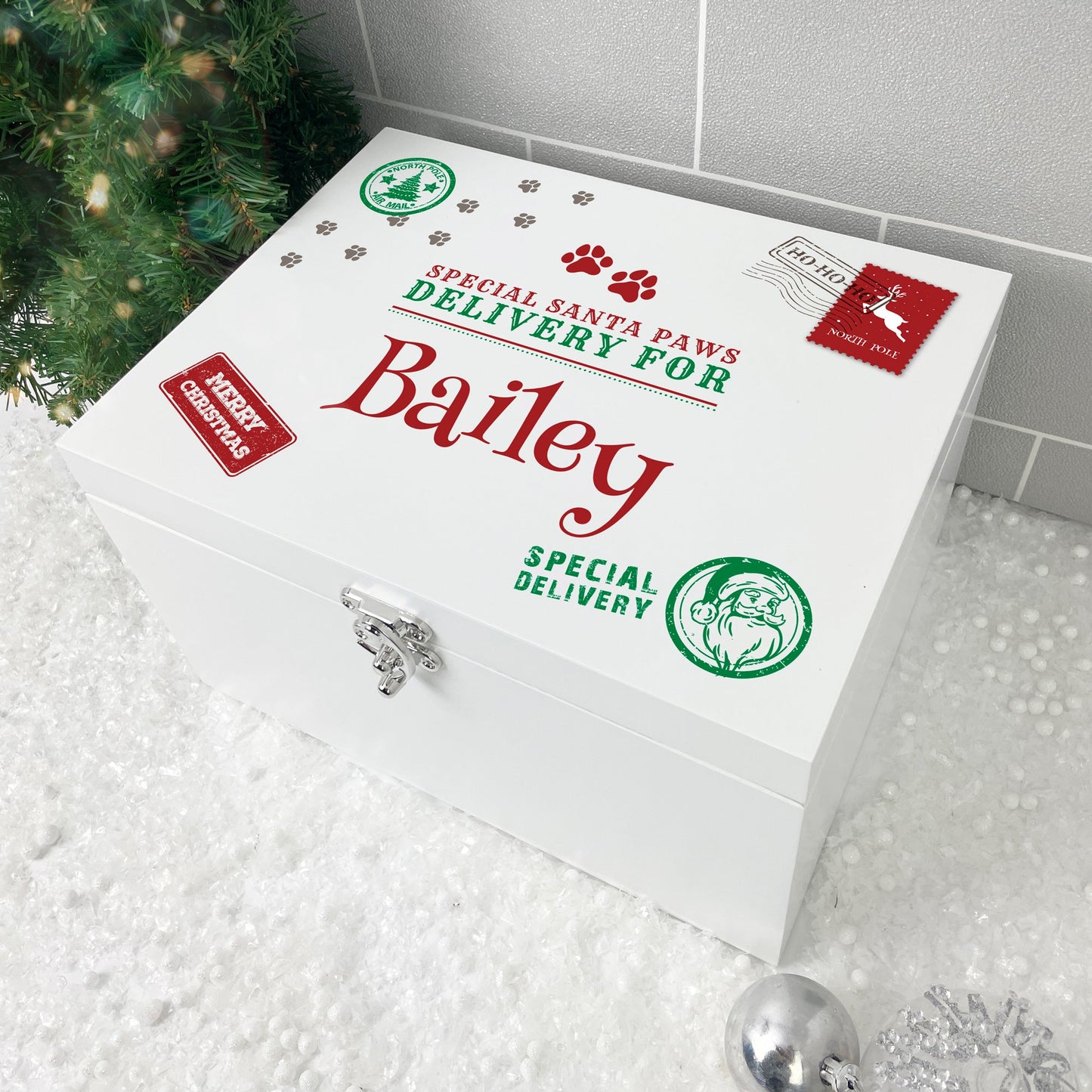 Personalised White Wooden North Pole Stamp Pet Christmas Eve Box - 3 Sizes