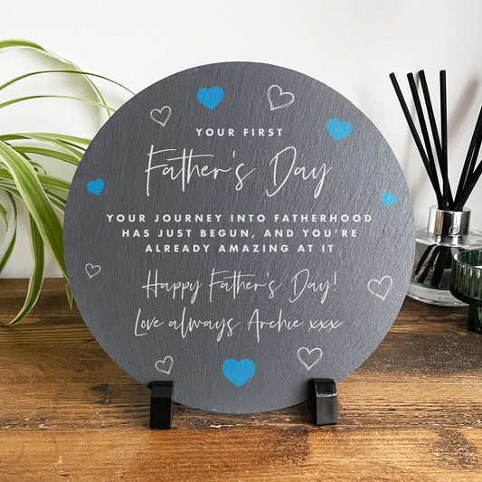 Personalised First Father's Day Circular Slate With Stand 20cm