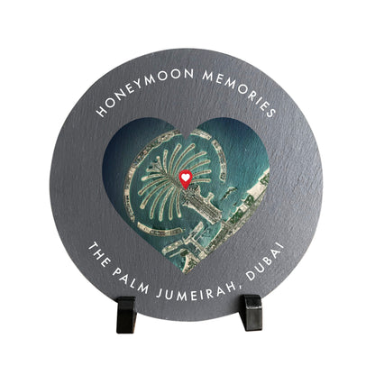 Personalised Heart Map Location Circular Slate Plaque With Stand 20cm