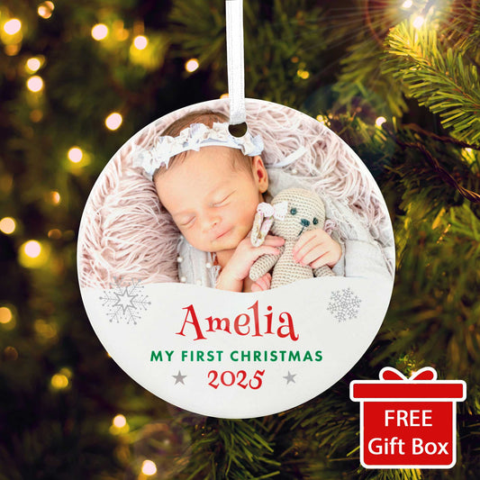 My First Christmas Photo Ceramic Disc Hanging Decoration + Gift Box