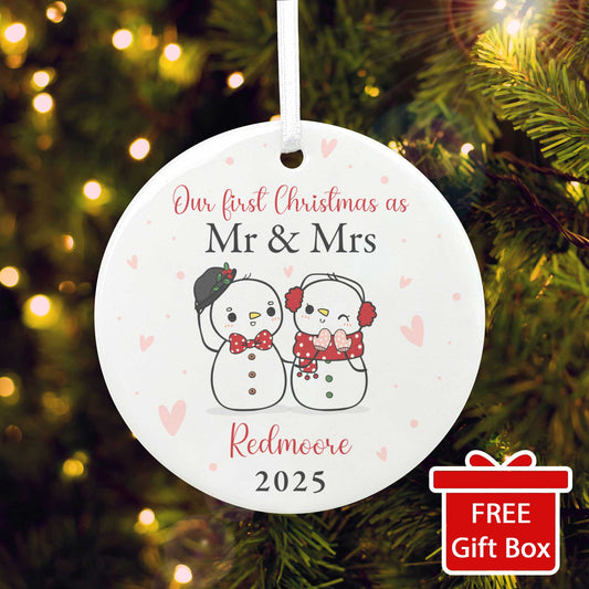 Couples Snowman Ceramic Disc Hanging Decoration + Gift Box
