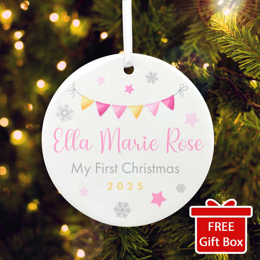 My First Christmas Baby Girl Garland Ceramic Disc Hanging Decoration + Gift Box