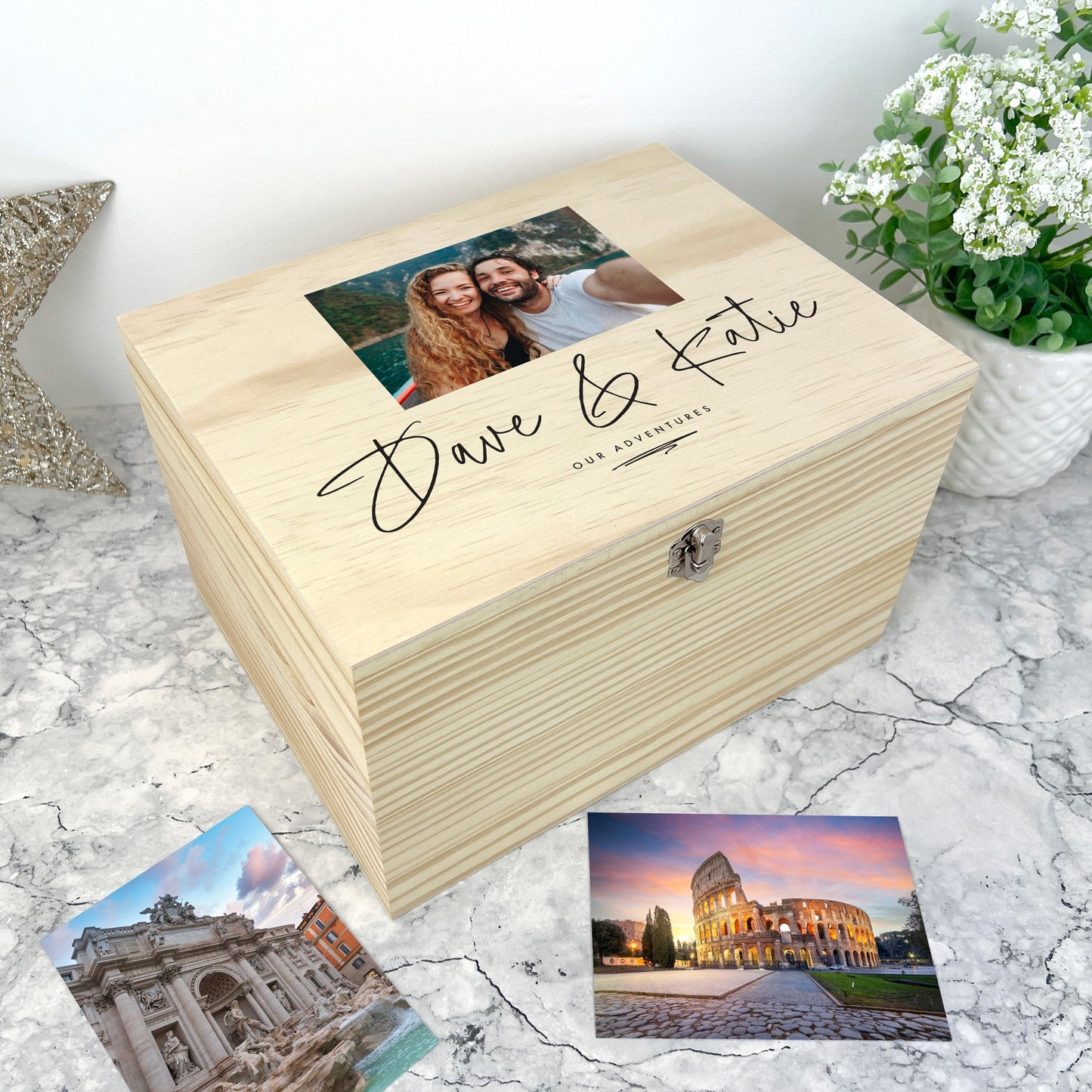 Personalised Couples Names Pine Photo Keepsake Memory Box - 5 Sizes