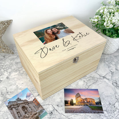 Personalised Couples Names Pine Photo Keepsake Memory Box - 5 Sizes