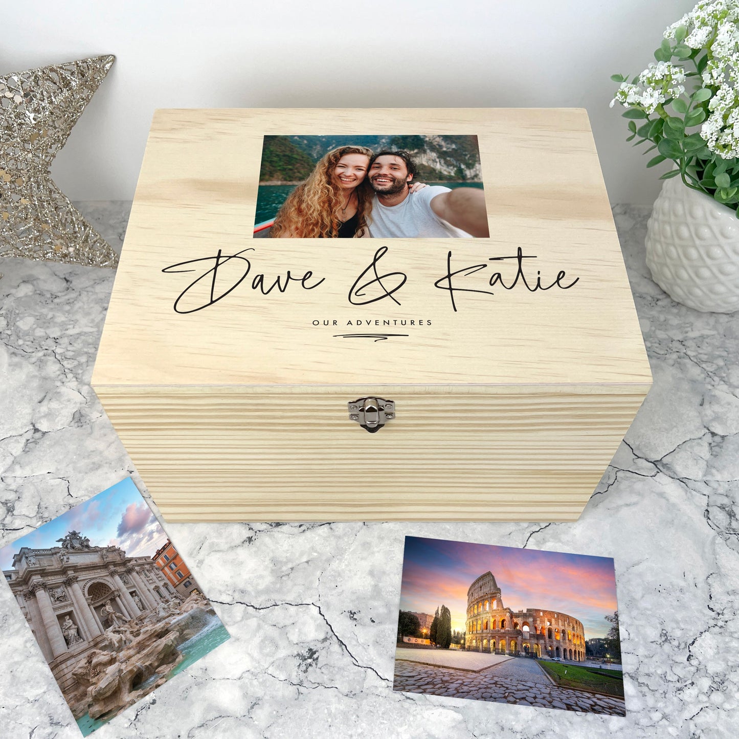 Personalised Couples Names Pine Photo Keepsake Memory Box - 5 Sizes