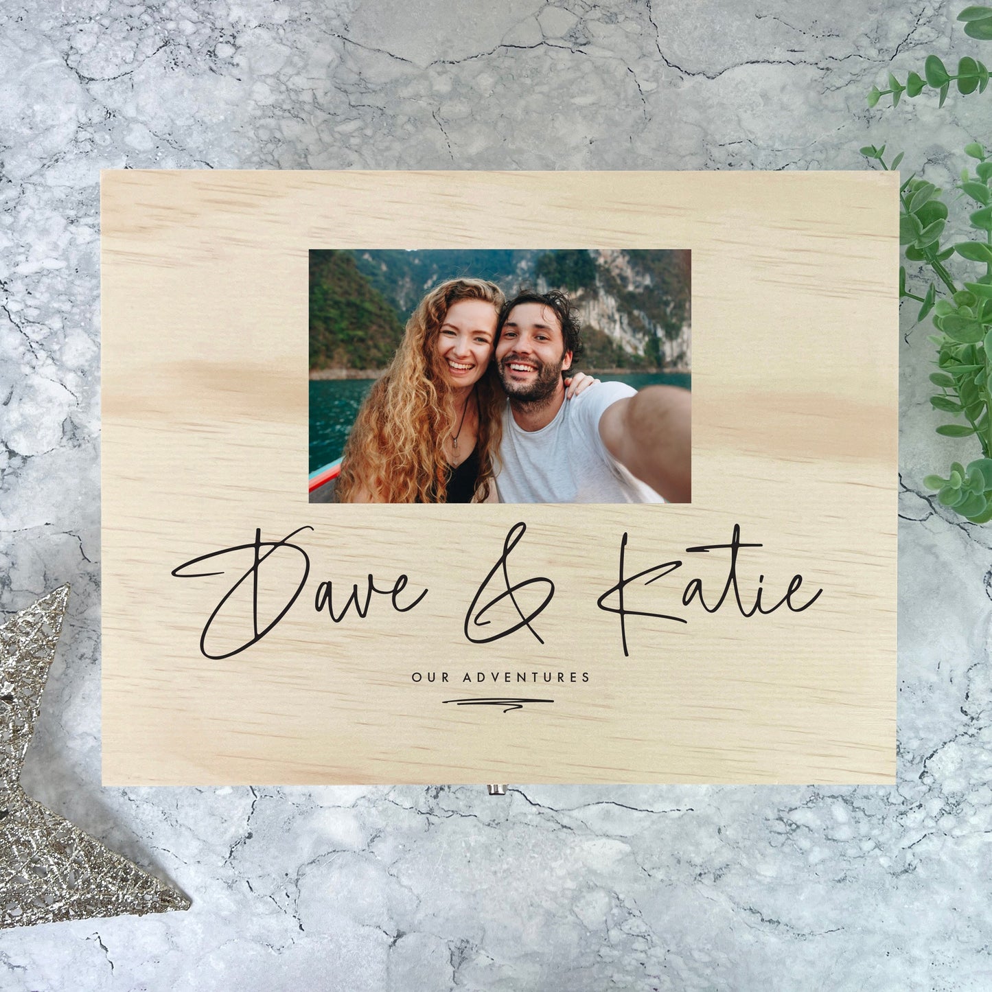 Personalised Couples Names Pine Photo Keepsake Memory Box - 5 Sizes