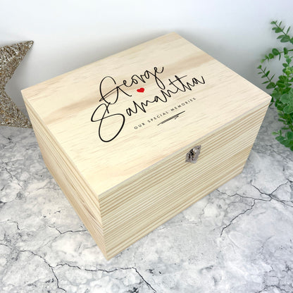 Personalised Couples Names Pine Keepsake Memory Box - 5 Sizes
