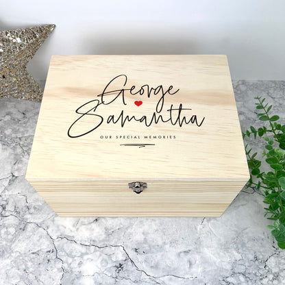 Personalised Couples Names Pine Keepsake Memory Box - 5 Sizes