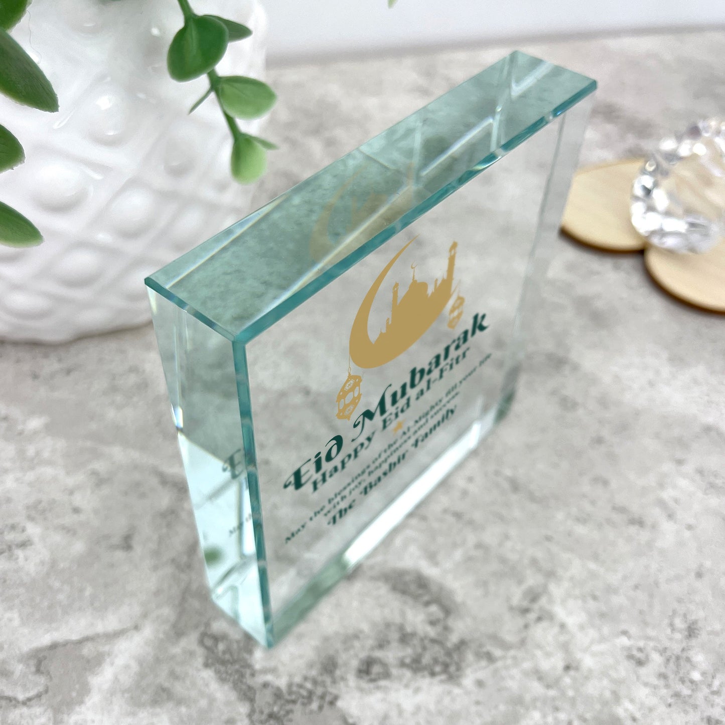 Personalised Eid al-Fitr Crescent & Lanterns Crystal Token