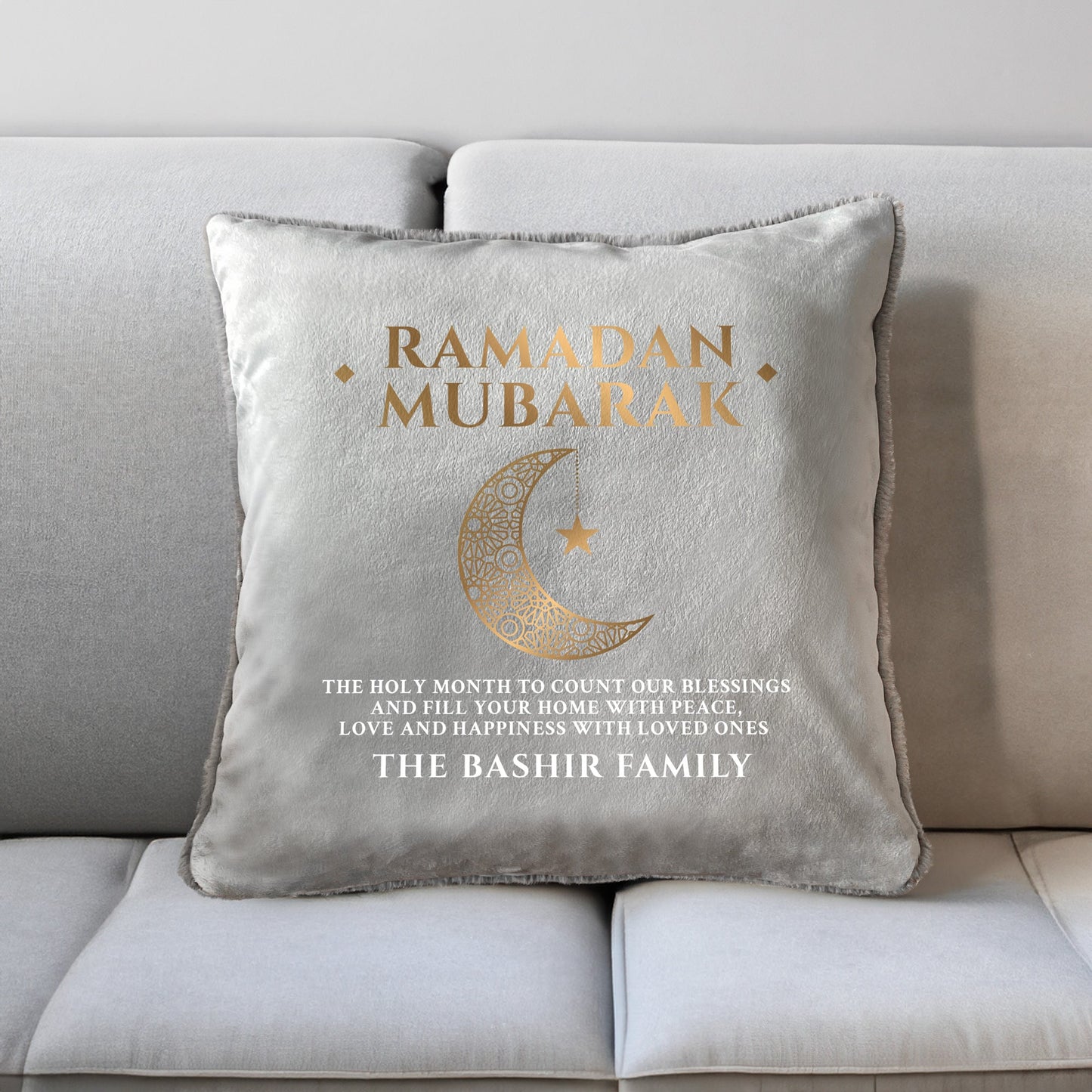 Personalised Ramadan Mubarak Crescent Faux Fur Cuddle Cushion
