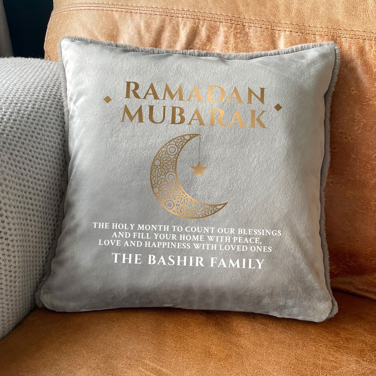 Personalised Ramadan Mubarak Crescent Faux Fur Cuddle Cushion