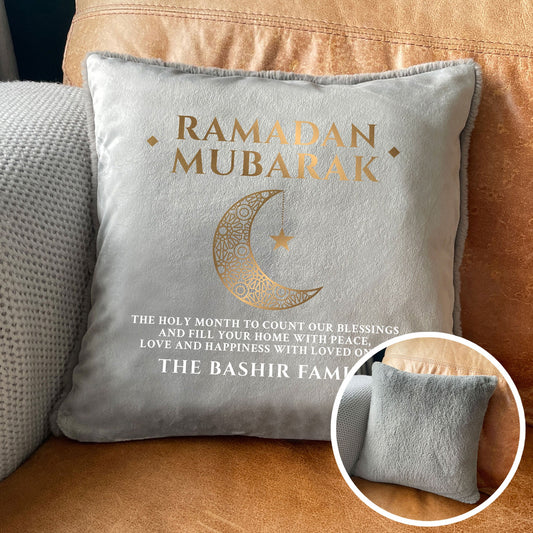 Personalised Ramadan Mubarak Crescent Faux Fur Cuddle Cushion