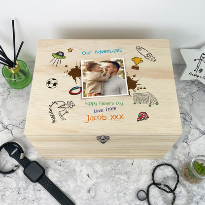 Personalised 'Our Adventures' Kids Doodles Pine Memory Box - 5 Sizes