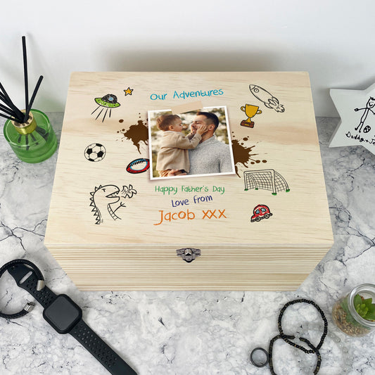 Personalised 'Our Adventures' Kids Doodles Pine Memory Box - 5 Sizes