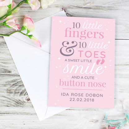 Personalised '10 Little Fingers' Pink Baby Card