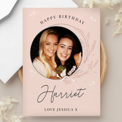 Personalised Pink Wreath Photo Upload Greeting Card
