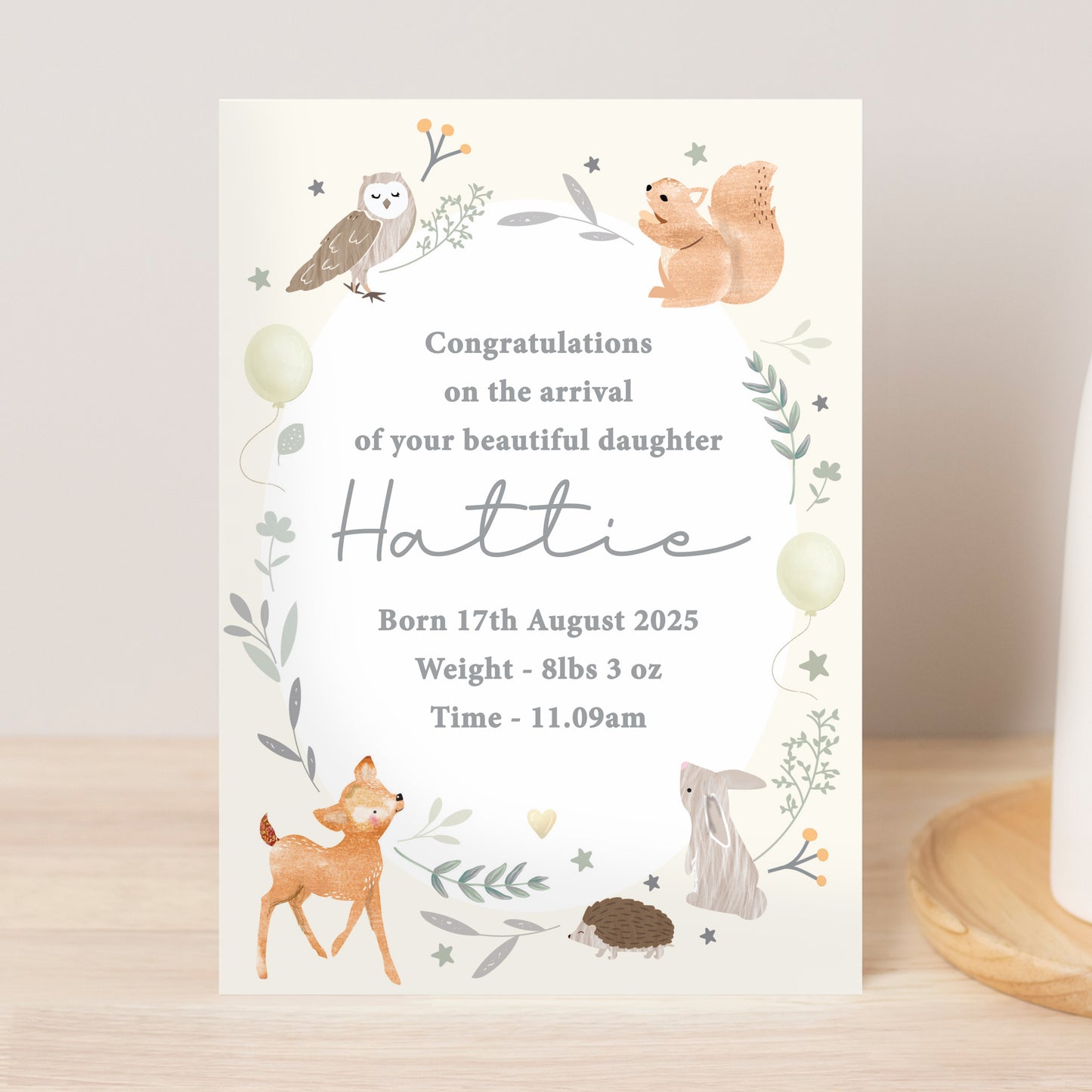 Personalised Woodland Animals New Baby Card