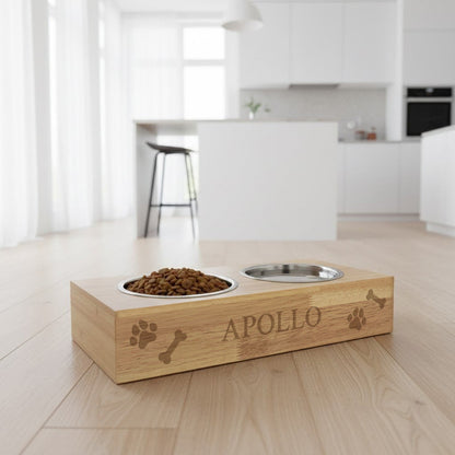 Personalised Wooden Raised Double Dog Bowl