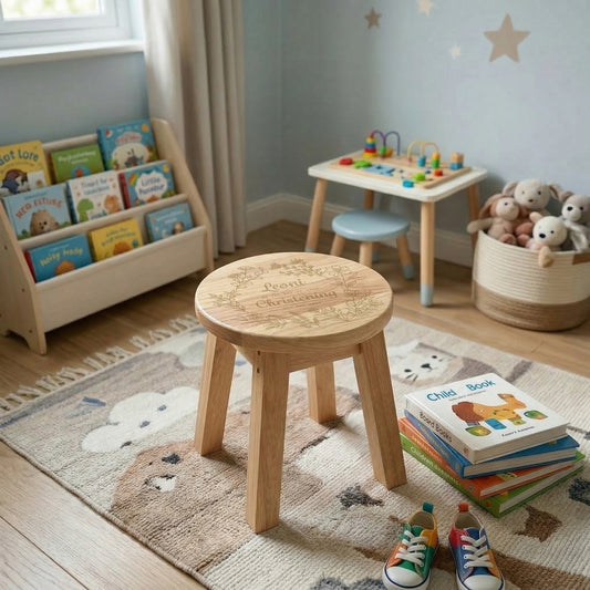 Personalised Engraved Wooden Toddler Stool - Floral | Custom Step Stool for Kids | Nursery Gift