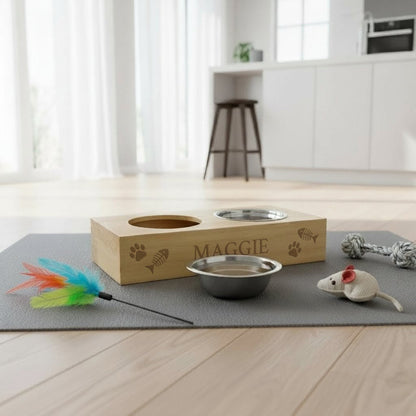 Personalised Wooden Raised Double Cat Bowl