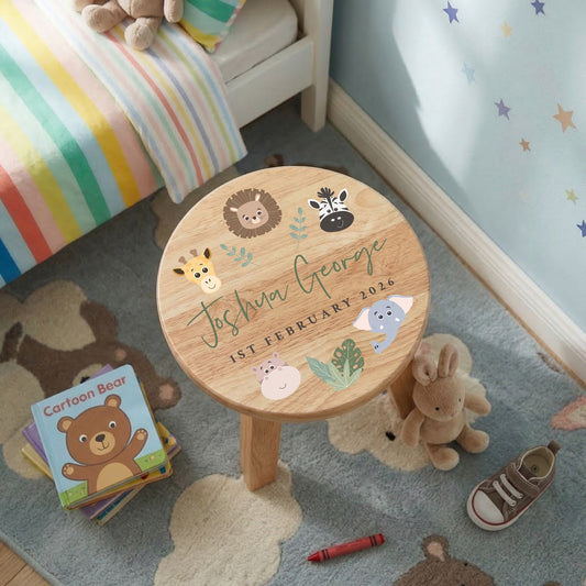 Personalised Wooden Toddler Stool - Jungle Animals | Custom Step Stool for Kids | Nursery Gift