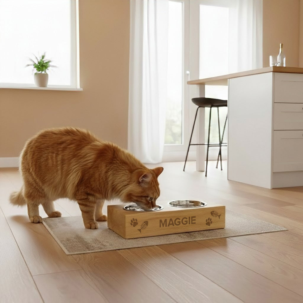 Personalised Wooden Raised Double Cat Bowl