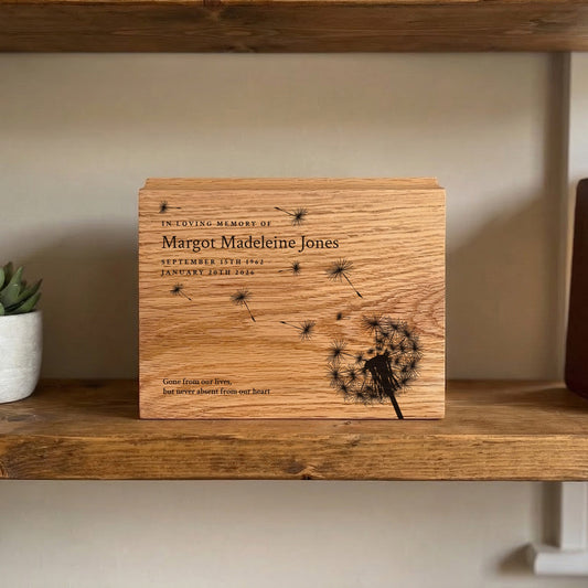 Personalised Slim Oak Urn For Cremation Ashes - Dandelion Design