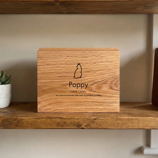 Personalised Slim Pet Oak Urn For Cremation Ashes - Dog/Cat Design