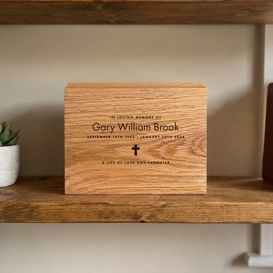 Personalised Slim Oak Urn For Cremation Ashes - Name & Icon Design