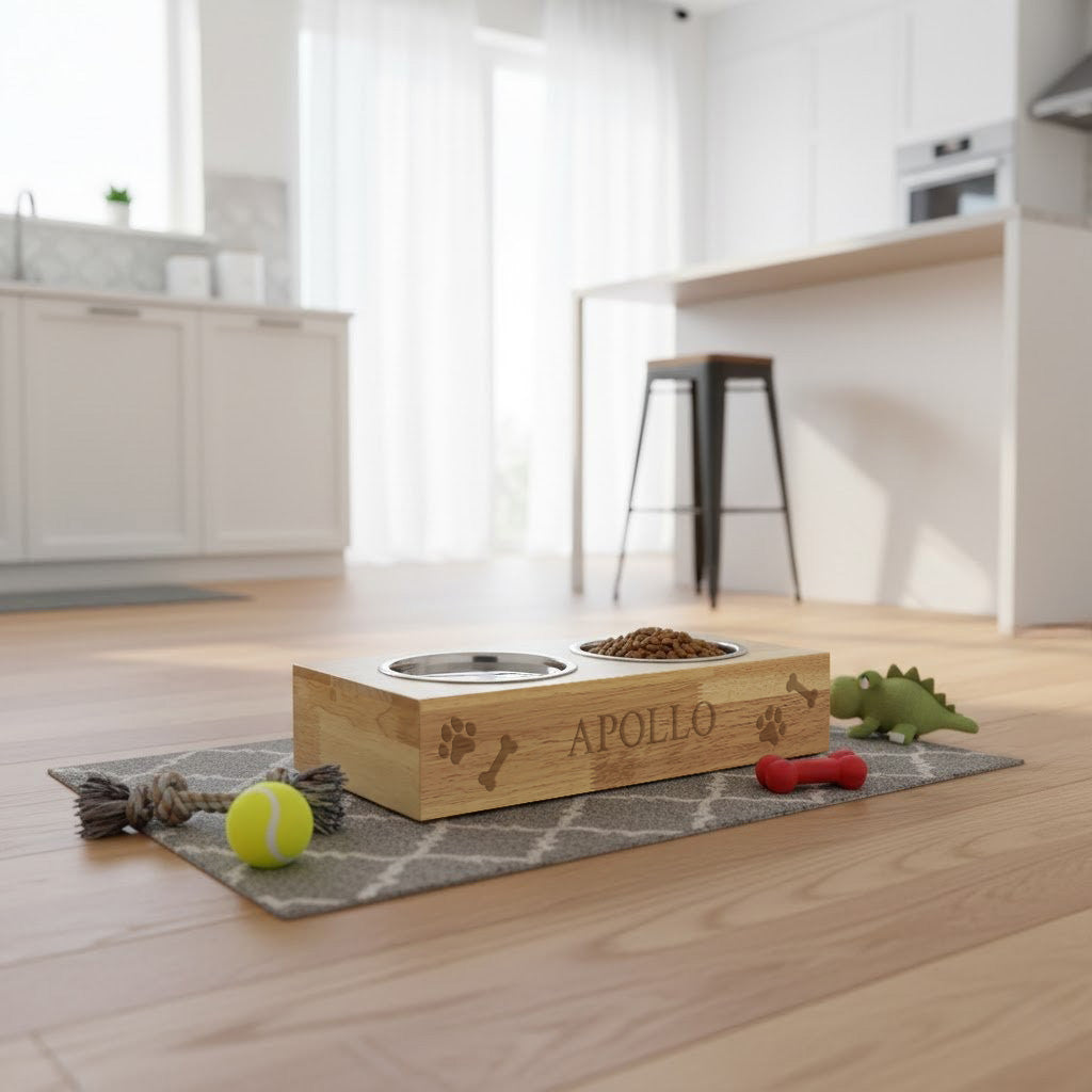 Personalised Wooden Raised Double Dog Bowl