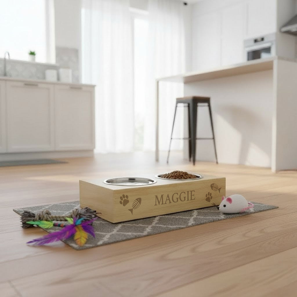 Personalised Wooden Raised Double Cat Bowl